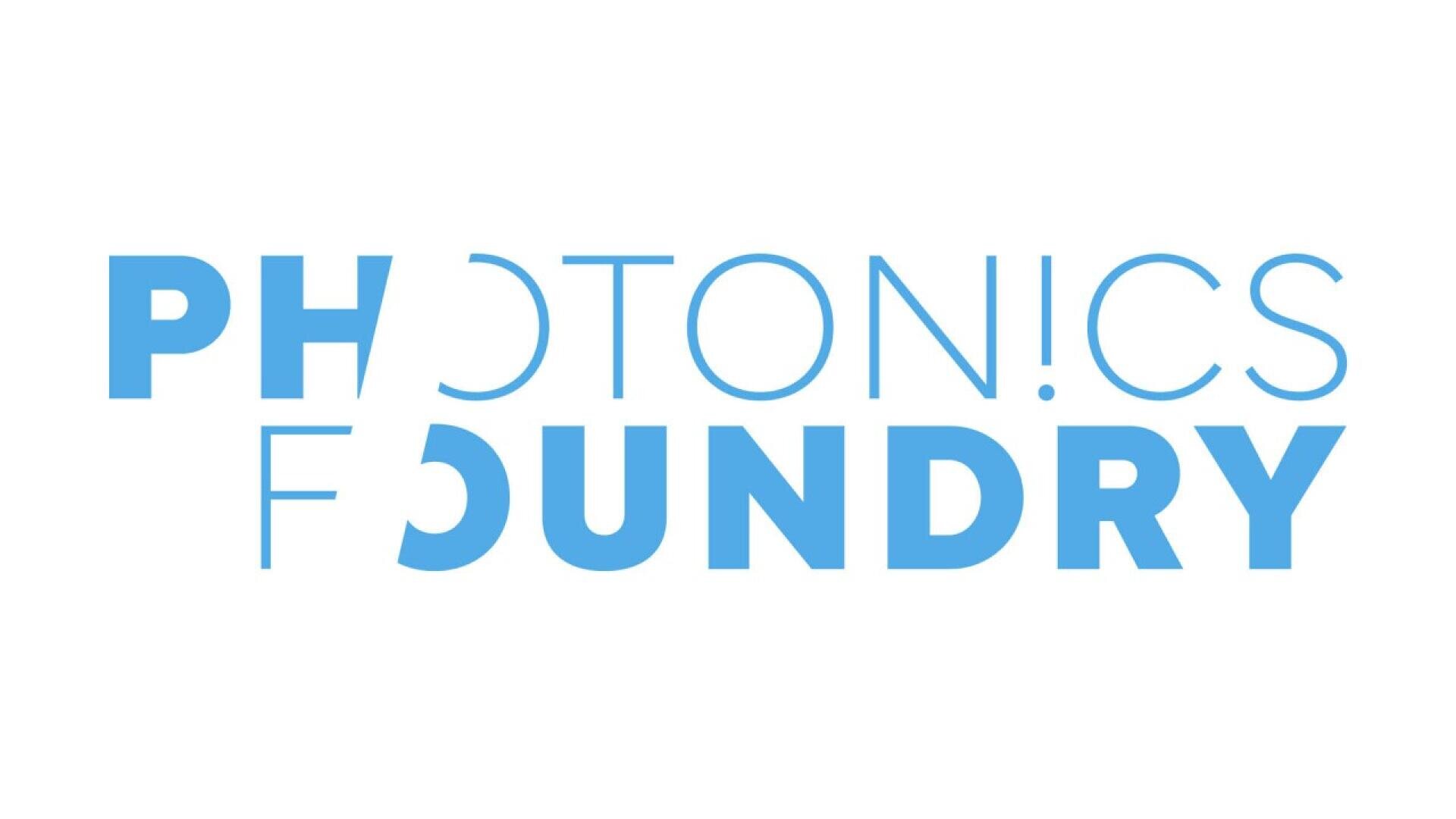 The words “PHOTONICS FOUNDRY” are written in light blue, with some letters partially faded or missing segments in a stylized, modern font.