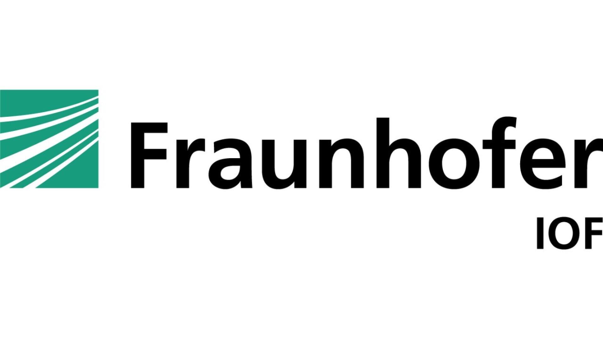 Fraunhofer IOF logo: A green square with white diagonal lines on the left, followed by the bold black text Fraunhofer and IOF underneath on a white background.