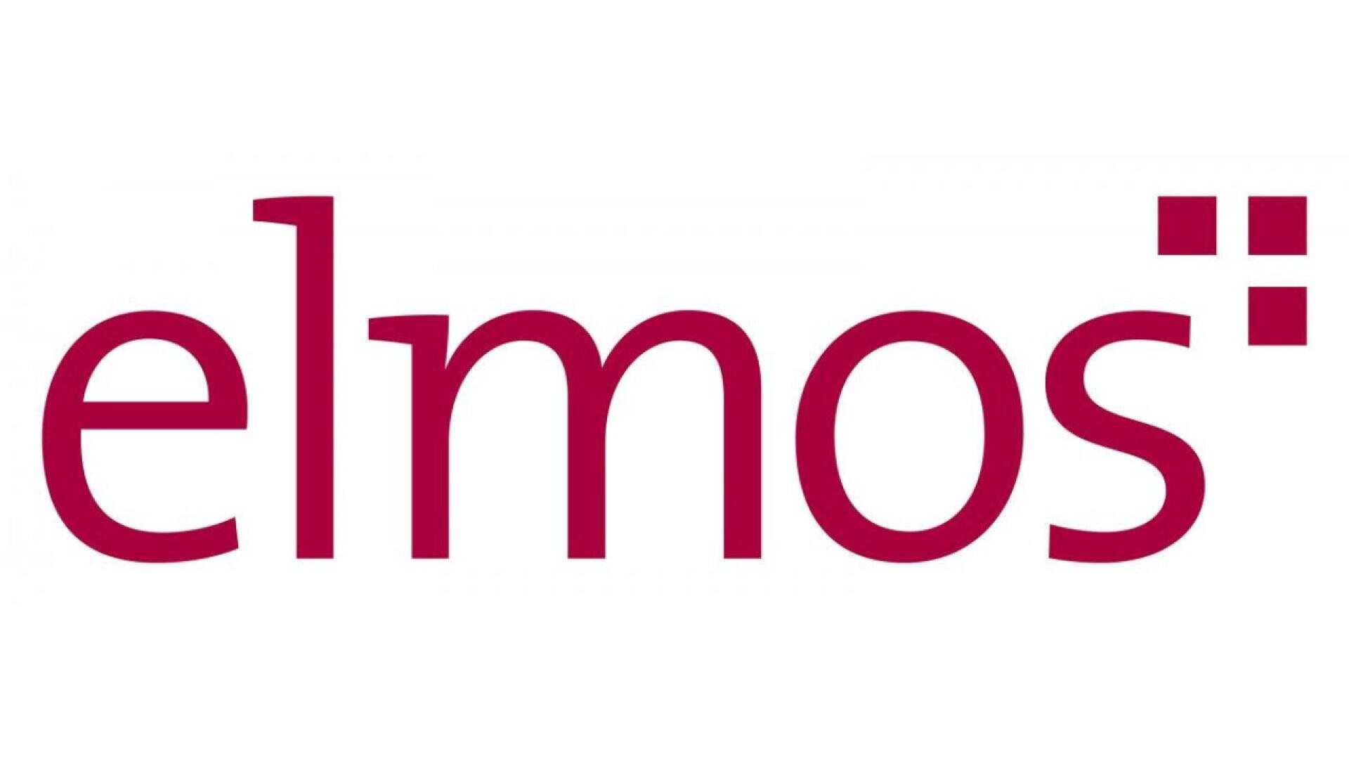 The image shows the word elmos in lowercase, bold, red font on a white background. There are two small red squares above the letter s at the end.