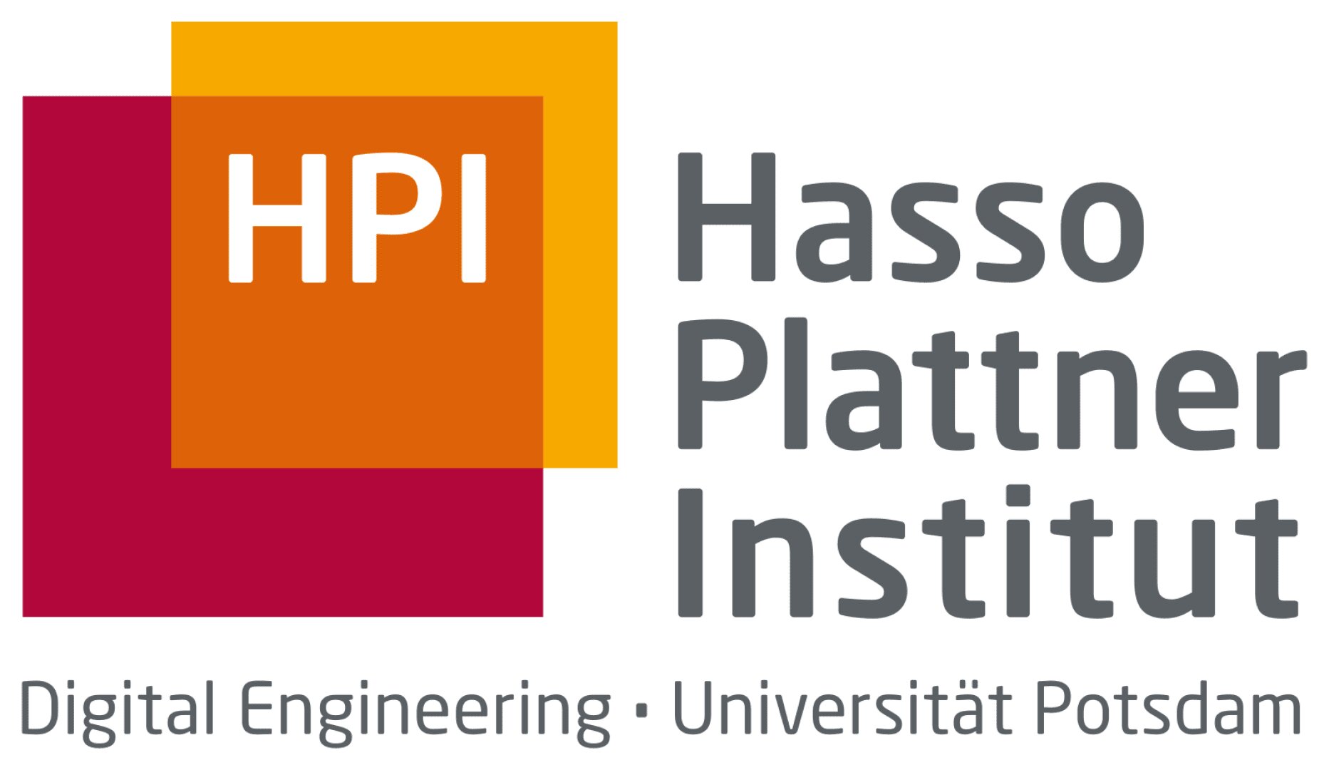 Logo des Hasso Plattner Instituts mit überlappenden orangefarbenen und roten Quadraten, HPI in Weiß und Text mit der Aufschrift Hasso Plattner Institut Digital Engineering · Universität Potsdam.