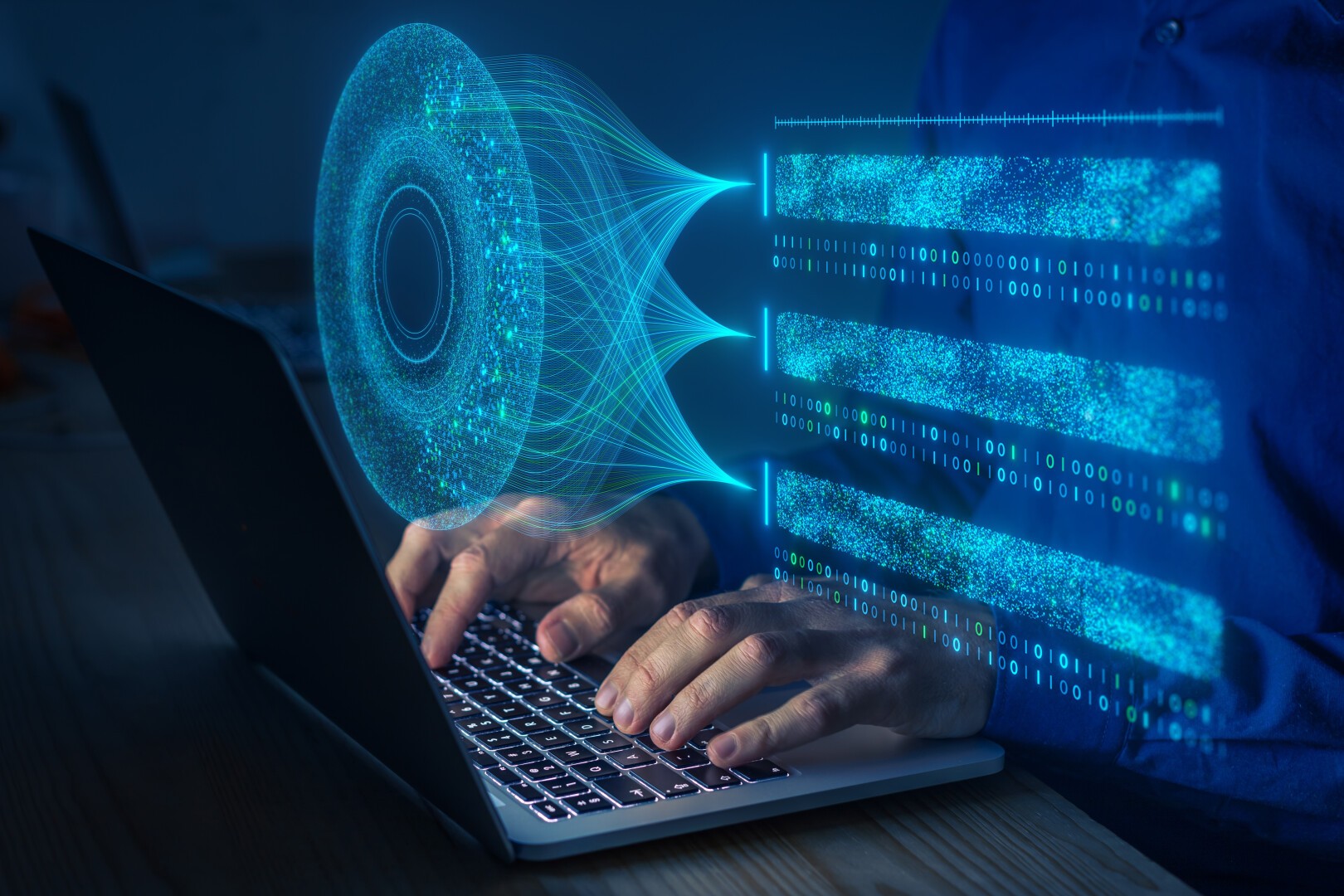 A person types on a laptop with a digital hologram showing a circular neural network pattern connecting to binary code streams, symbolizing artificial intelligence and data processing.