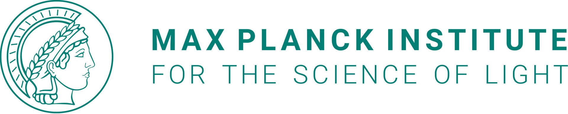 Logo des Max-Planck-Instituts für die Physik des Lichts mit dem stilisierten Profil einer Person mit Lorbeerkranz auf der linken Seite und dem Namen des Instituts in Großbuchstaben auf der rechten Seite.
