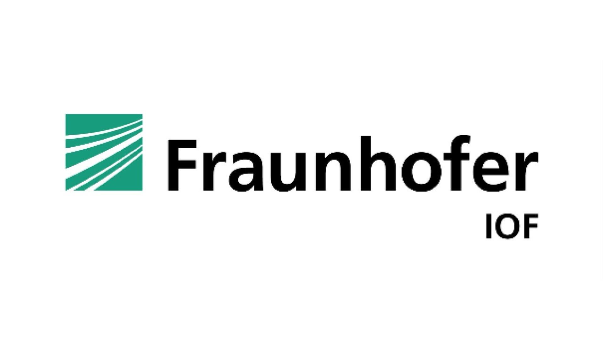 Fraunhofer IOF logo featuring a green square with white abstract lines on the left and the text Fraunhofer IOF in black on the right against a white background.