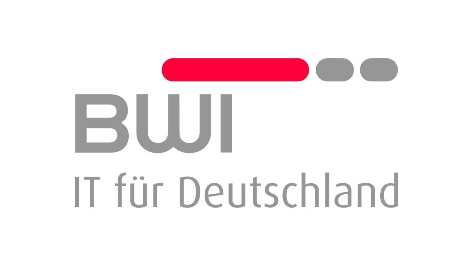 BWI logo with grey text BWI IT für Deutschland and a design of one red and two grey horizontal bars above the text.