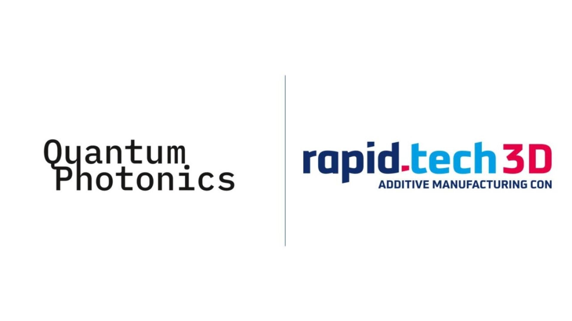 Logos of Quantum Photonics on the left in black text and rapid.tech 3D ADDITIVE MANUFACTURING CON on the right in blue and pink text, separated by a vertical line on a white background.