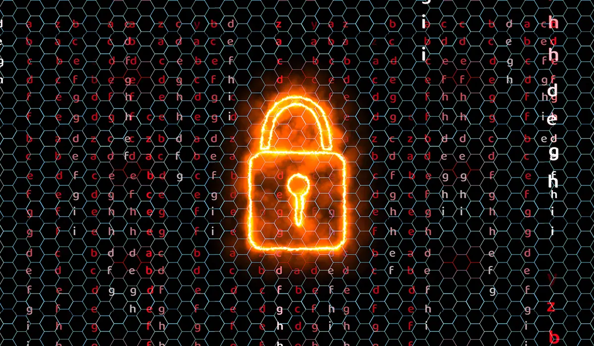 A glowing padlock in front of a digital grid of letters – a symbol for data security and encryption.