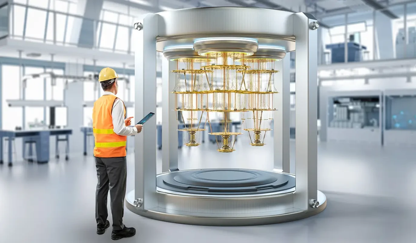 Ein Quantencomputer mit einer goldfarbenen, mehrstufigen Kühlstruktur steht in einem modernen Labor. Ein Techniker mit Helm und Sicherheitsweste hält ein Tablet und beobachtet das System.